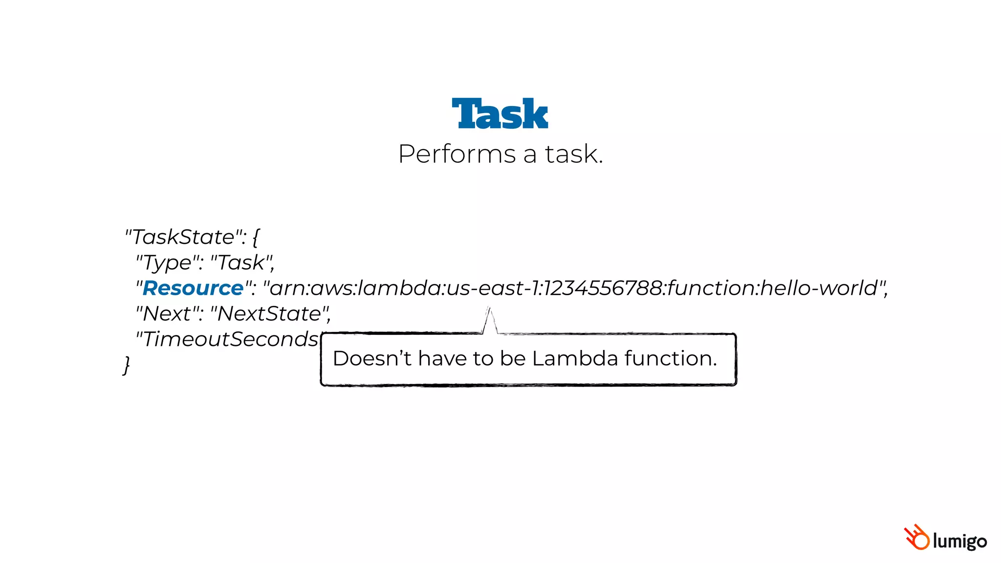 "TaskState": {
 "Type": "Task",
 "Resource": "arn:aws:lambda:us-east-1:1234556788:function:hello-world",
 "Next": "NextState",
 "TimeoutSeconds": 300
}
Task
Doesn’t have to be Lambda function.
Performs a task.
 