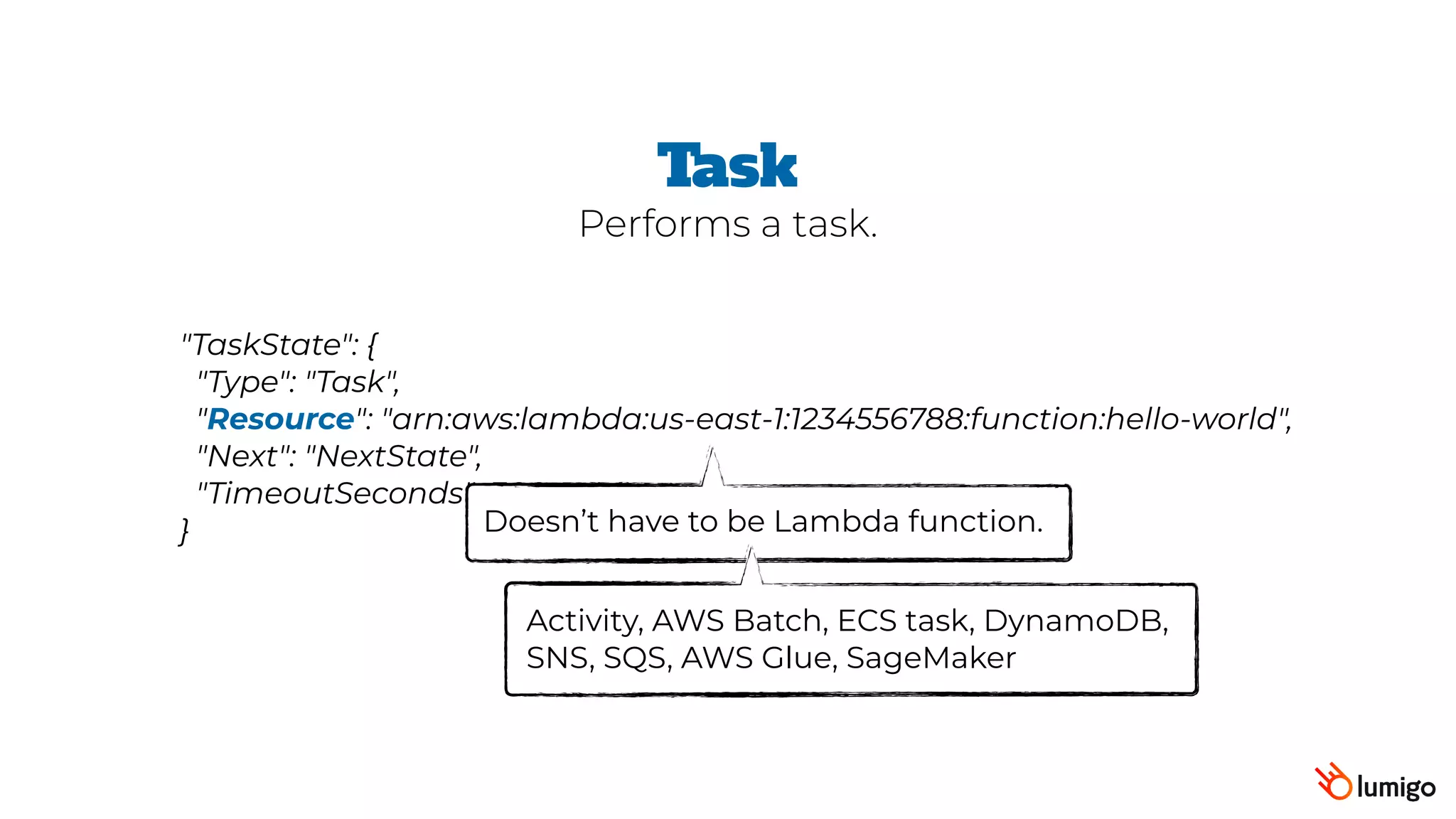 "TaskState": {
 "Type": "Task",
 "Resource": "arn:aws:lambda:us-east-1:1234556788:function:hello-world",
 "Next": "NextState",
 "TimeoutSeconds": 300
}
Task
Doesn’t have to be Lambda function.
Performs a task.
Activity, AWS Batch, ECS task, DynamoDB,
SNS, SQS, AWS Glue, SageMaker
 