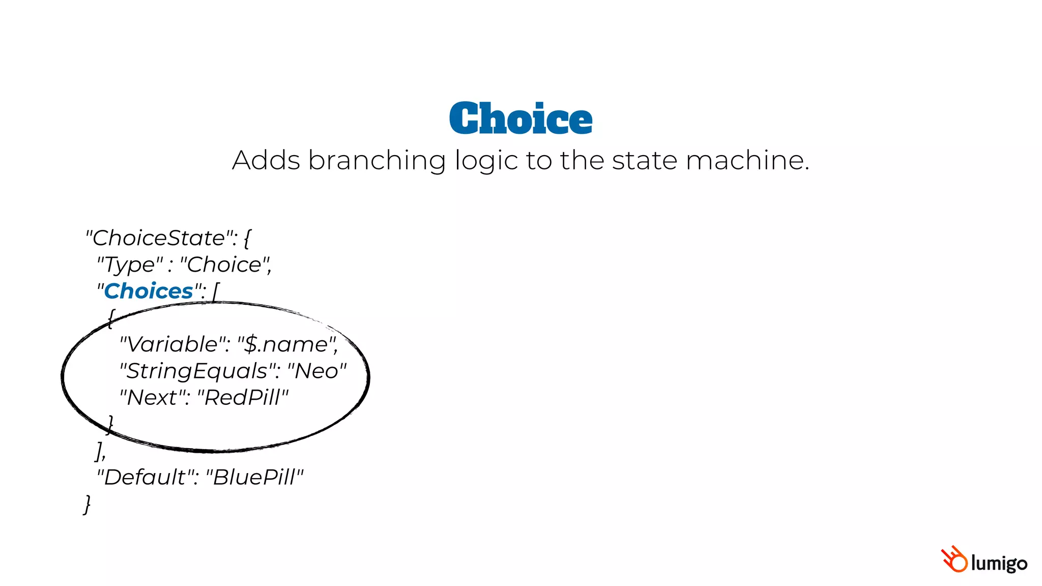 "ChoiceState": {
 "Type" : "Choice",
 "Choices": [
   {
      "Variable": "$.name",
     "StringEquals": "Neo"
     "Next": "RedPill"
   }
 ],
 "Default": "BluePill"
}
Choice
Adds branching logic to the state machine.
 
