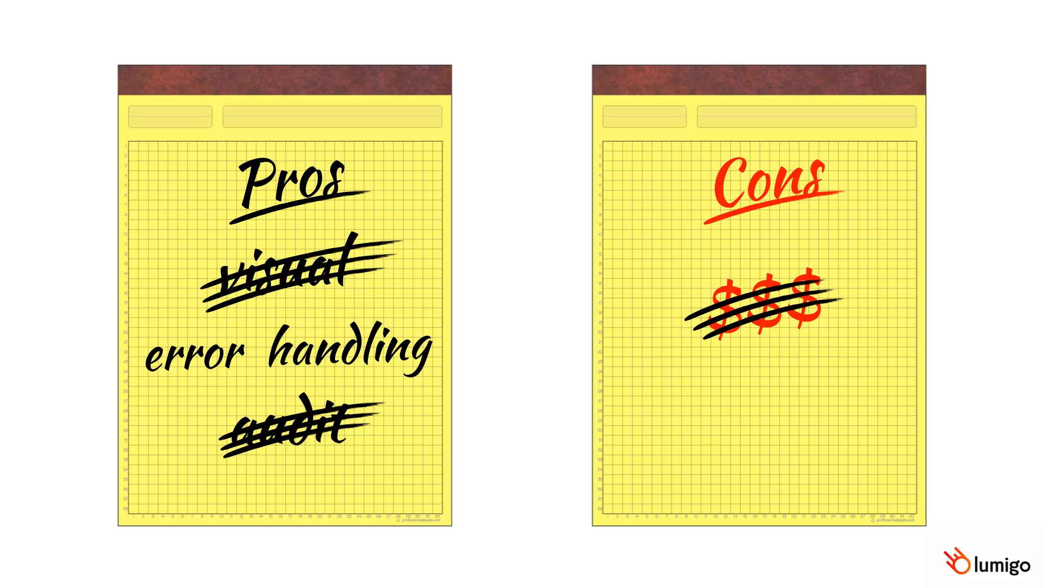 Pros Cons
visual
$$$
error handling
audit
 