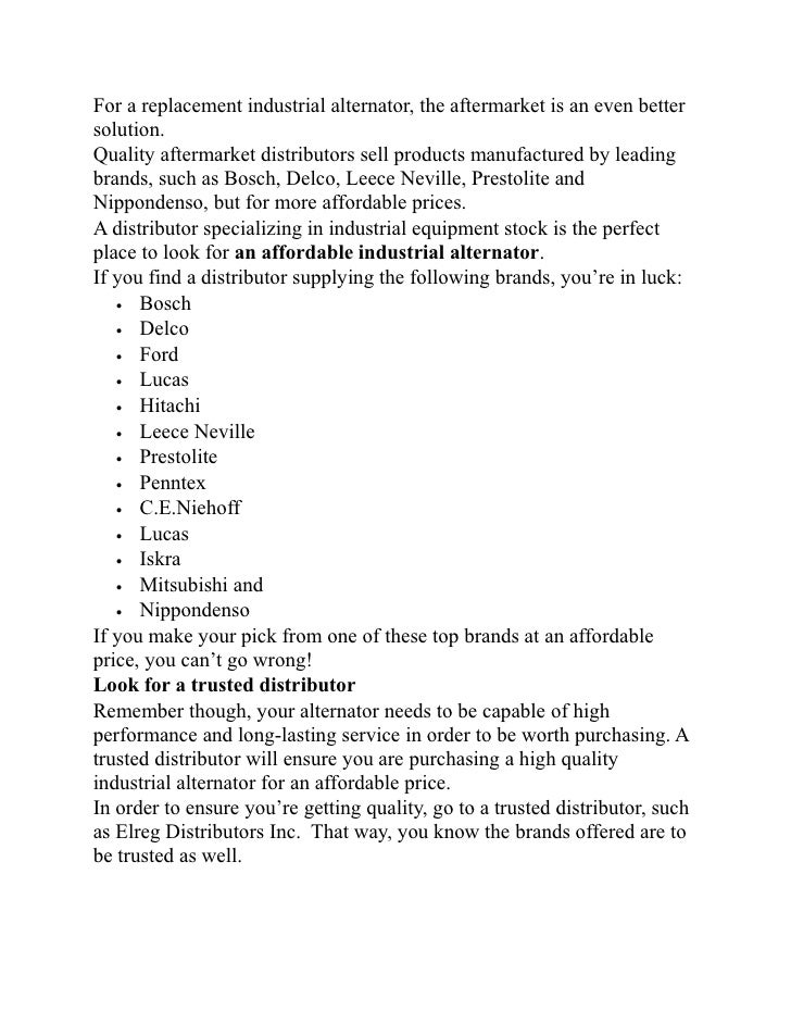 Industrial Alternators Online Replacement Alternators ELREG Distributors Ltd.
