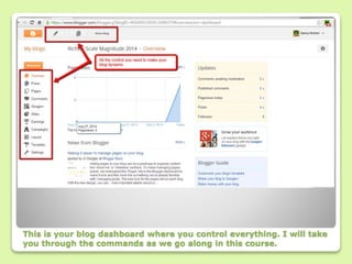 This is your blog dashboard where you control everything. I will take 
you through the commands as we go along in this course. 
 