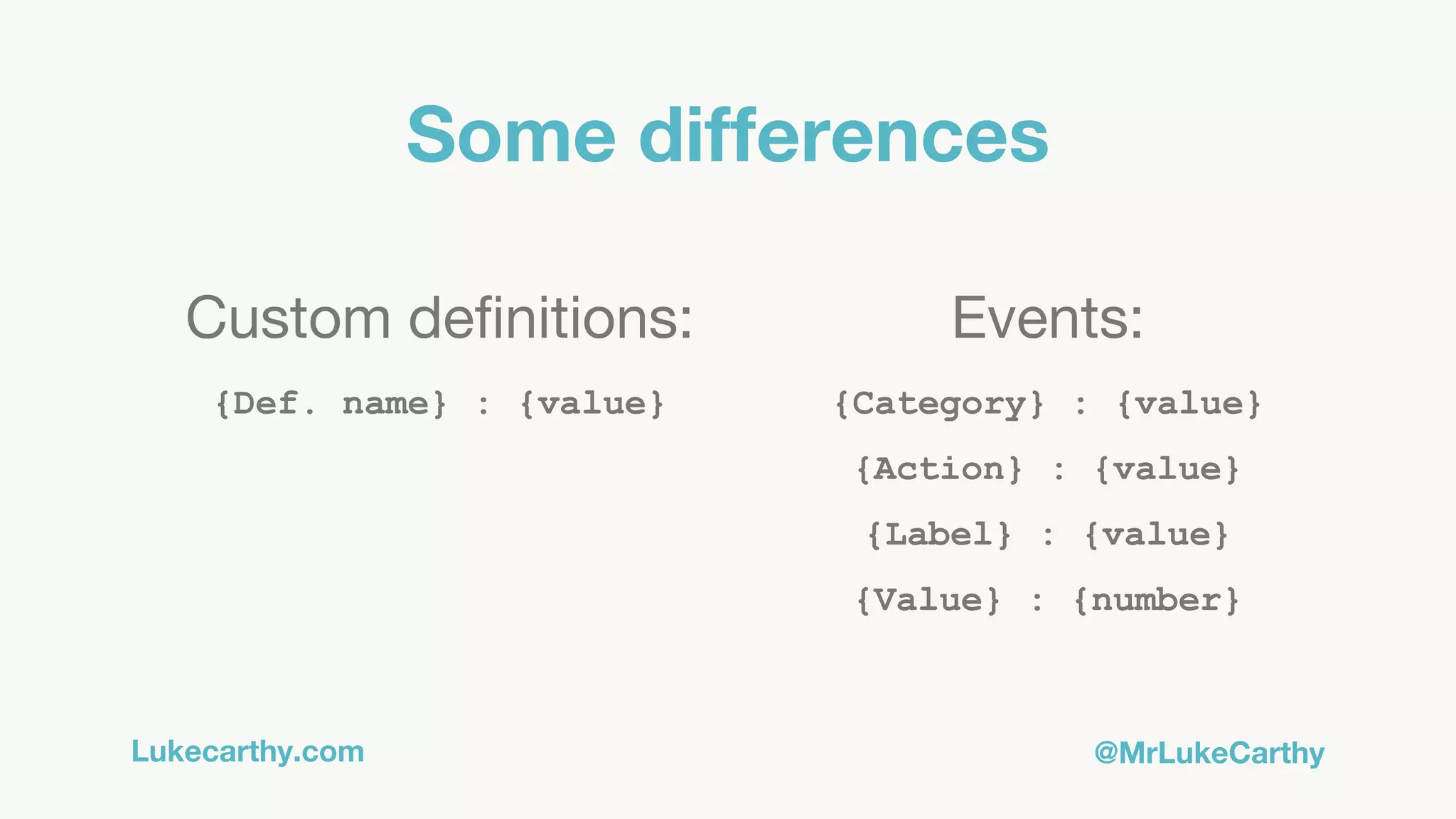 Lukecarthy.com @MrLukeCarthy
Some differences
Custom definitions:
{Def. name} : {value}
Events:
{Category} : {value}
{Action} : {value}
{Label} : {value}
{Value} : {number}
 