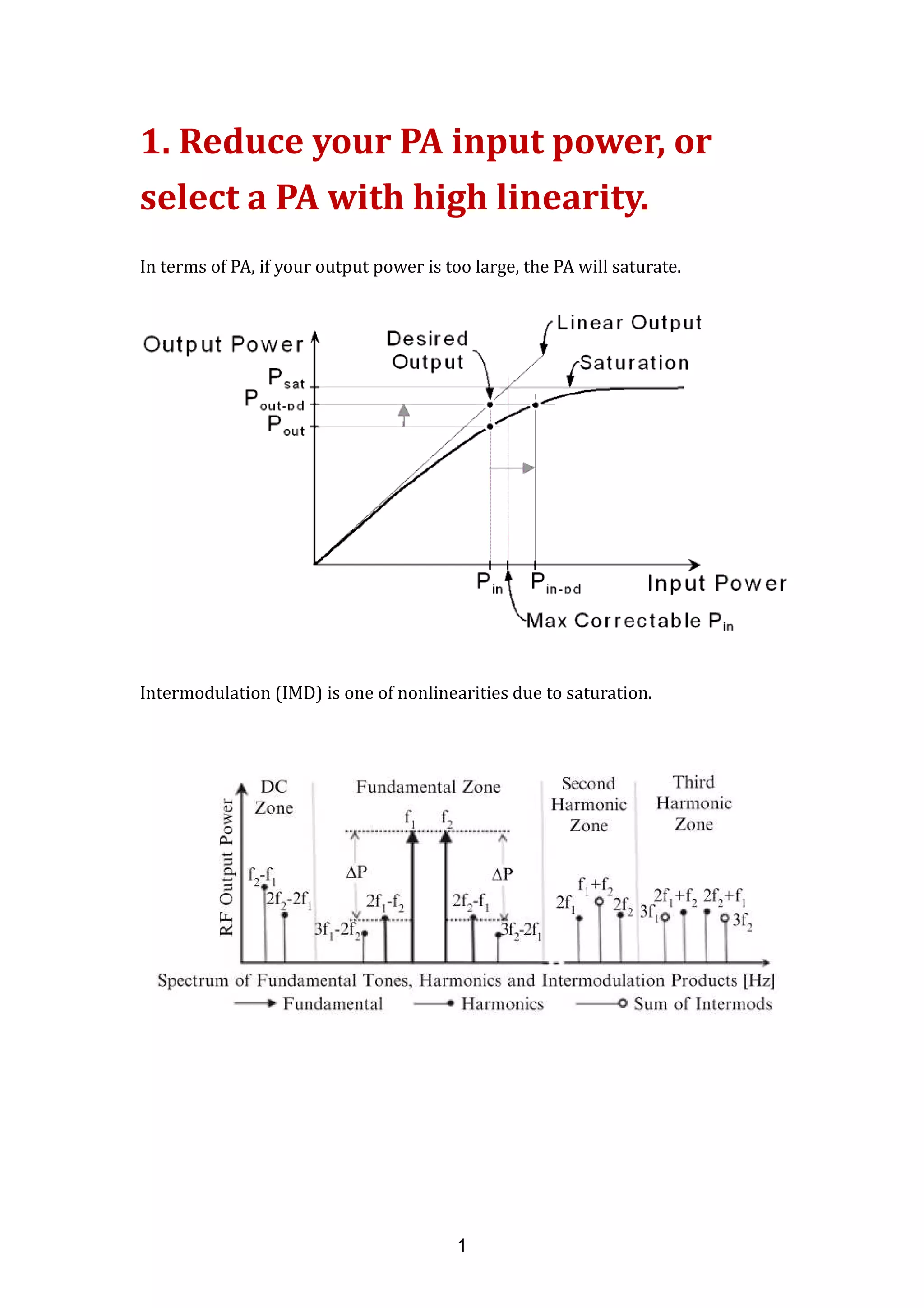 1. Reduce your PA input power, or
select a PA with high linearity.
In terms of PA, if your output power is too large, the PA will saturate.
Intermodulation (IMD) is one of nonlinearities due to saturation.
1
 
