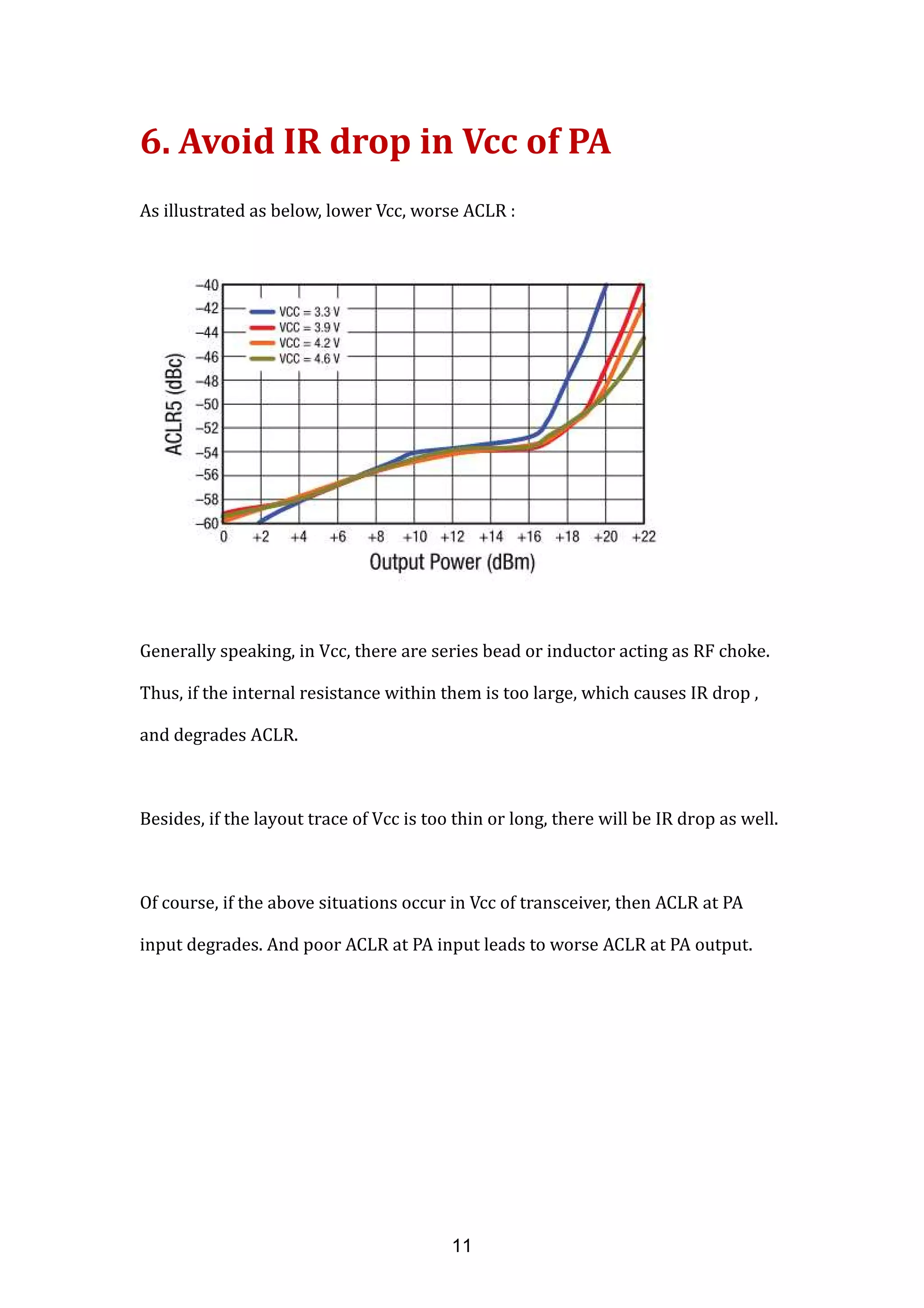 6. Avoid IR drop in Vcc of PA
As illustrated as below, lower Vcc, worse ACLR :
Generally speaking, in Vcc, there are series bead or inductor acting as RF choke.
Thus, if the internal resistance within them is too large, which causes IR drop ,
and degrades ACLR.
Besides, if the layout trace of Vcc is too thin or long, there will be IR drop as well.
Of course, if the above situations occur in Vcc of transceiver, then ACLR at PA
input degrades. And poor ACLR at PA input leads to worse ACLR at PA output.
11
 