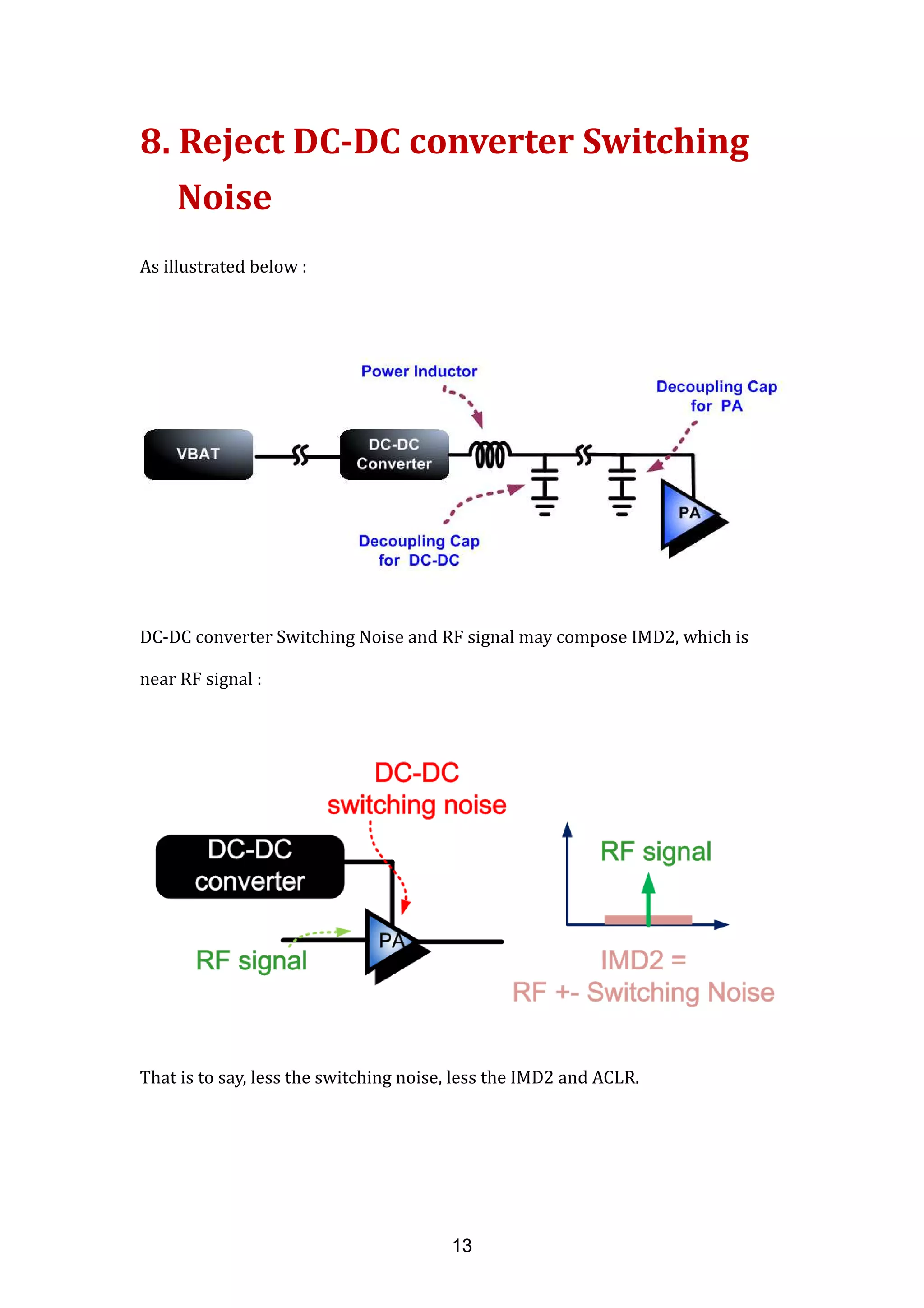 8. Reject DC-DC converter Switching
Noise
As illustrated below :
DC-DC converter Switching Noise and RF signal may compose IMD2, which is
near RF signal :
That is to say, less the switching noise, less the IMD2 and ACLR.
13
 