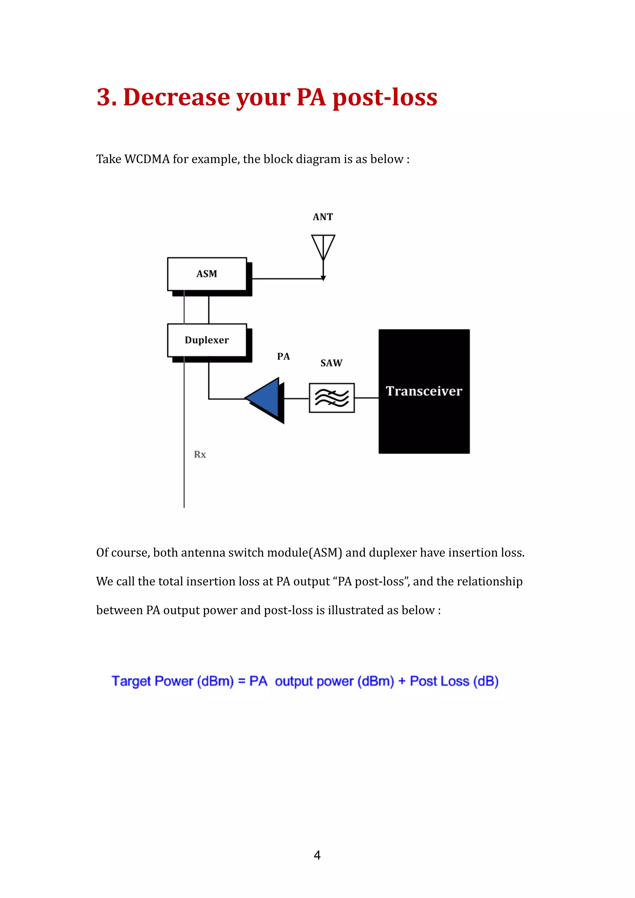3. Decrease your PA post-loss
Take WCDMA for example, the block diagram is as below :
Of course, both antenna switch module(ASM) and duplexer have insertion loss.
We call the total insertion loss at PA output “PA post-loss”, and the relationship
between PA output power and post-loss is illustrated as below :
4
 
