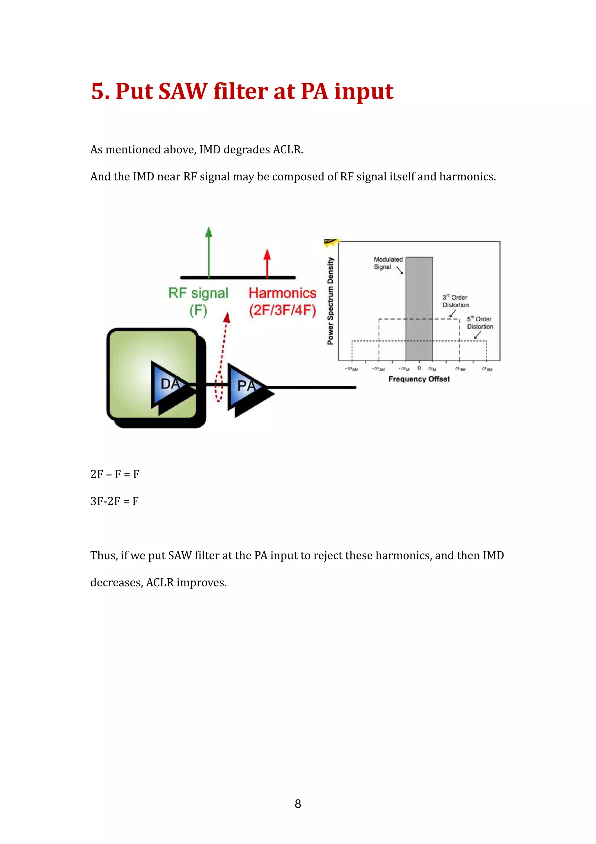 5. Put SAW filter at PA input
As mentioned above, IMD degrades ACLR.
And the IMD near RF signal may be composed of RF signal itself and harmonics.
2F – F = F
3F-2F = F
Thus, if we put SAW filter at the PA input to reject these harmonics, and then IMD
decreases, ACLR improves.
8
 
