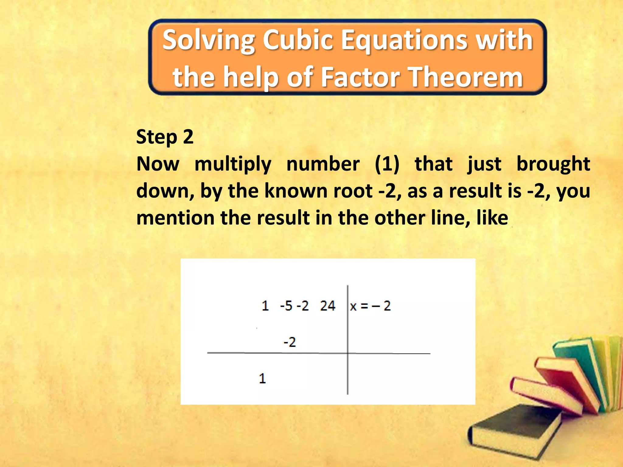Solving Cubic Equations with
the help of Factor Theorem
Step 2
Now multiply number (1) that just brought
down, by the known root -2, as a result is -2, you
mention the result in the other line, like
 