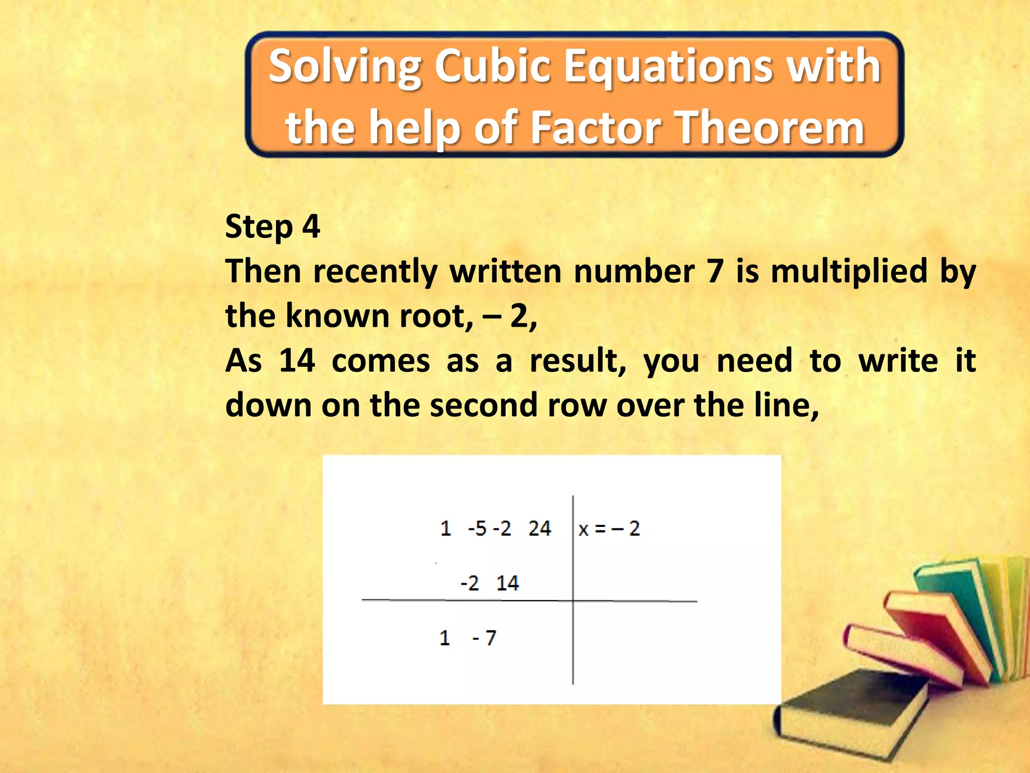 Solving Cubic Equations with
the help of Factor Theorem
Step 4
Then recently written number 7 is multiplied by
the known root, – 2,
As 14 comes as a result, you need to write it
down on the second row over the line,
 