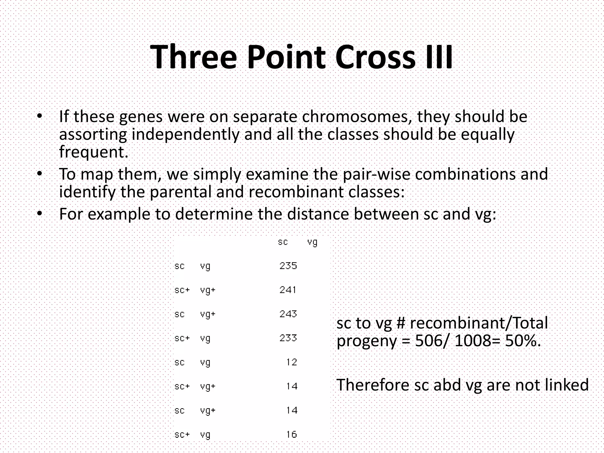 Three Point Cross III
• If these genes were on separate chromosomes, they should be
assorting independently and all the classes should be equally
frequent.
• To map them, we simply examine the pair-wise combinations and
identify the parental and recombinant classes:
• For example to determine the distance between sc and vg:
sc to vg # recombinant/Total
progeny = 506/ 1008= 50%.
Therefore sc abd vg are not linked
 