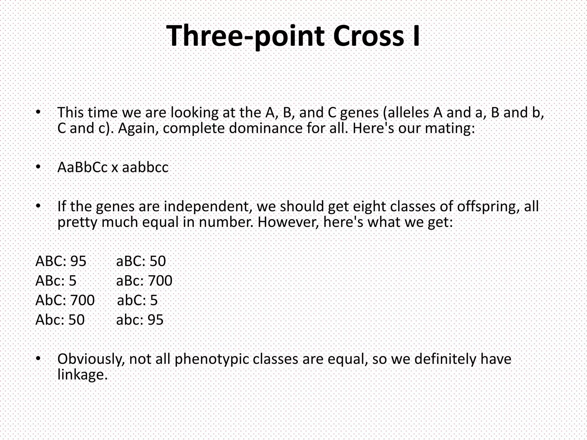 Three-point Cross I
• This time we are looking at the A, B, and C genes (alleles A and a, B and b,
C and c). Again, complete dominance for all. Here's our mating:
• AaBbCc x aabbcc
• If the genes are independent, we should get eight classes of offspring, all
pretty much equal in number. However, here's what we get:
ABC: 95 aBC: 50
ABc: 5 aBc: 700
AbC: 700 abC: 5
Abc: 50 abc: 95
• Obviously, not all phenotypic classes are equal, so we definitely have
linkage.
 