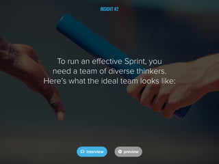 Insight #2
To run an effective Sprint, you
need a team of diverse thinkers.
Here’s what the ideal team looks like:
 