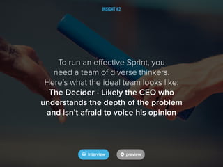 Insight #2
To run an effective Sprint, you
need a team of diverse thinkers.
Here’s what the ideal team looks like:
The Decider - Likely the CEO who
understands the depth of the problem
and isn’t afraid to voice his opinion
 