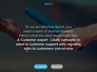 Insight #2
To run an effective Sprint, you
need a team of diverse thinkers.
Here’s what the ideal team looks like:
A Customer expert - Likely someone in
sales or customer support who regularly
talks to customers one-on-one
 