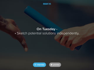 Insight #5
On Tuesday -
• Sketch potential solutions independently.
 