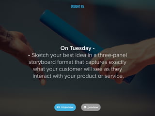 Insight #5
On Tuesday -
• Sketch your best idea in a three-panel
storyboard format that captures exactly
what your customer will see as they
interact with your product or service.
 