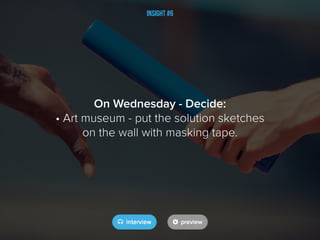 Insight #6
On Wednesday - Decide:
• Art museum - put the solution sketches
on the wall with masking tape.
 