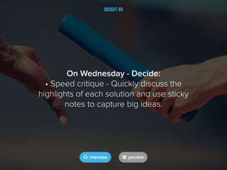 Insight #6
On Wednesday - Decide:
• Speed critique - Quickly discuss the
highlights of each solution and use sticky
notes to capture big ideas.
 