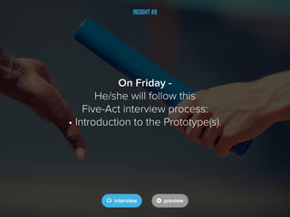 Insight #8
On Friday -
He/she will follow this
Five-Act interview process:
• Introduction to the Prototype(s).
 