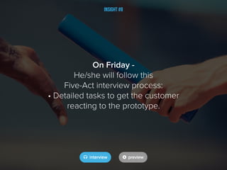 Insight #8
On Friday -
He/she will follow this
Five-Act interview process:
• Detailed tasks to get the customer
reacting to the prototype.
 