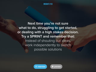 Insight #10
Next time you’re not sure
what to do, struggling to get started,
or dealing with a high stakes decision.
Try a SPRINT and remember that:
Instead of shouting out ideas,
work independently to sketch
possible solutions
 