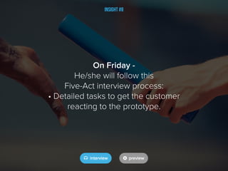 Insight #8
On Friday -
He/she will follow this
Five-Act interview process:
• Detailed tasks to get the customer
reacting t...
