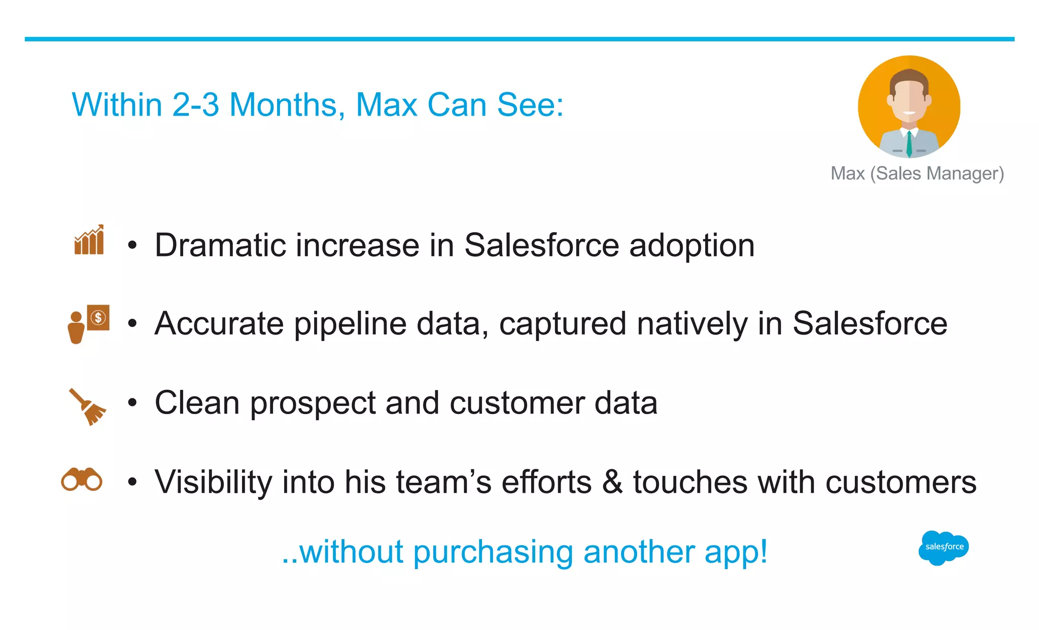 Within 2-3 Months, Max Can See:
•  Dramatic increase in Salesforce adoption
•  Accurate pipeline data, captured natively in Salesforce
•  Clean prospect and customer data
•  Visibility into his team’s efforts & touches with customers
​ Max (Sales Manager)
..without purchasing another app!
 