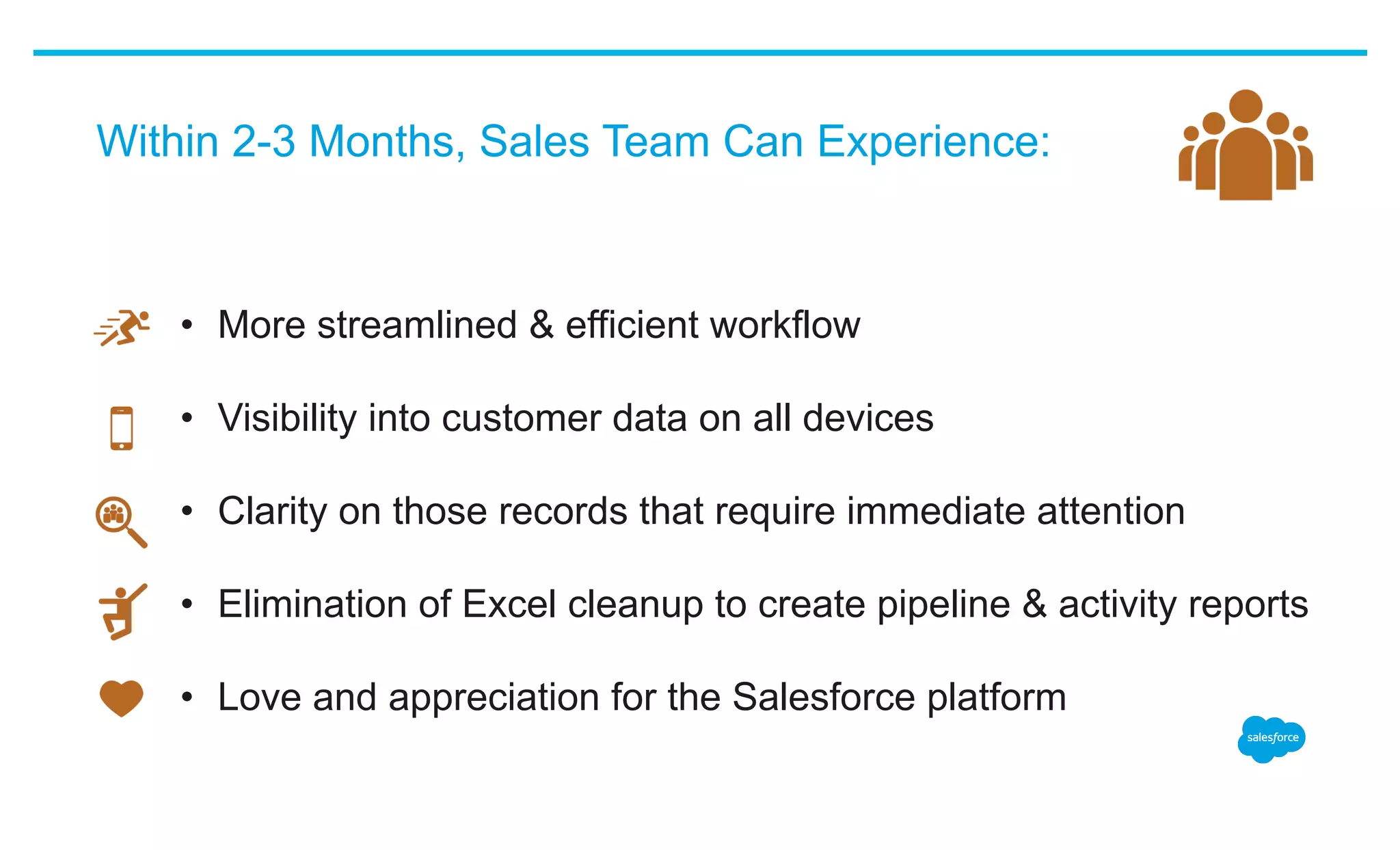 Within 2-3 Months, Sales Team Can Experience:
•  More streamlined & efficient workflow
•  Visibility into customer data on all devices
•  Clarity on those records that require immediate attention
•  Elimination of Excel cleanup to create pipeline & activity reports
•  Love and appreciation for the Salesforce platform
 