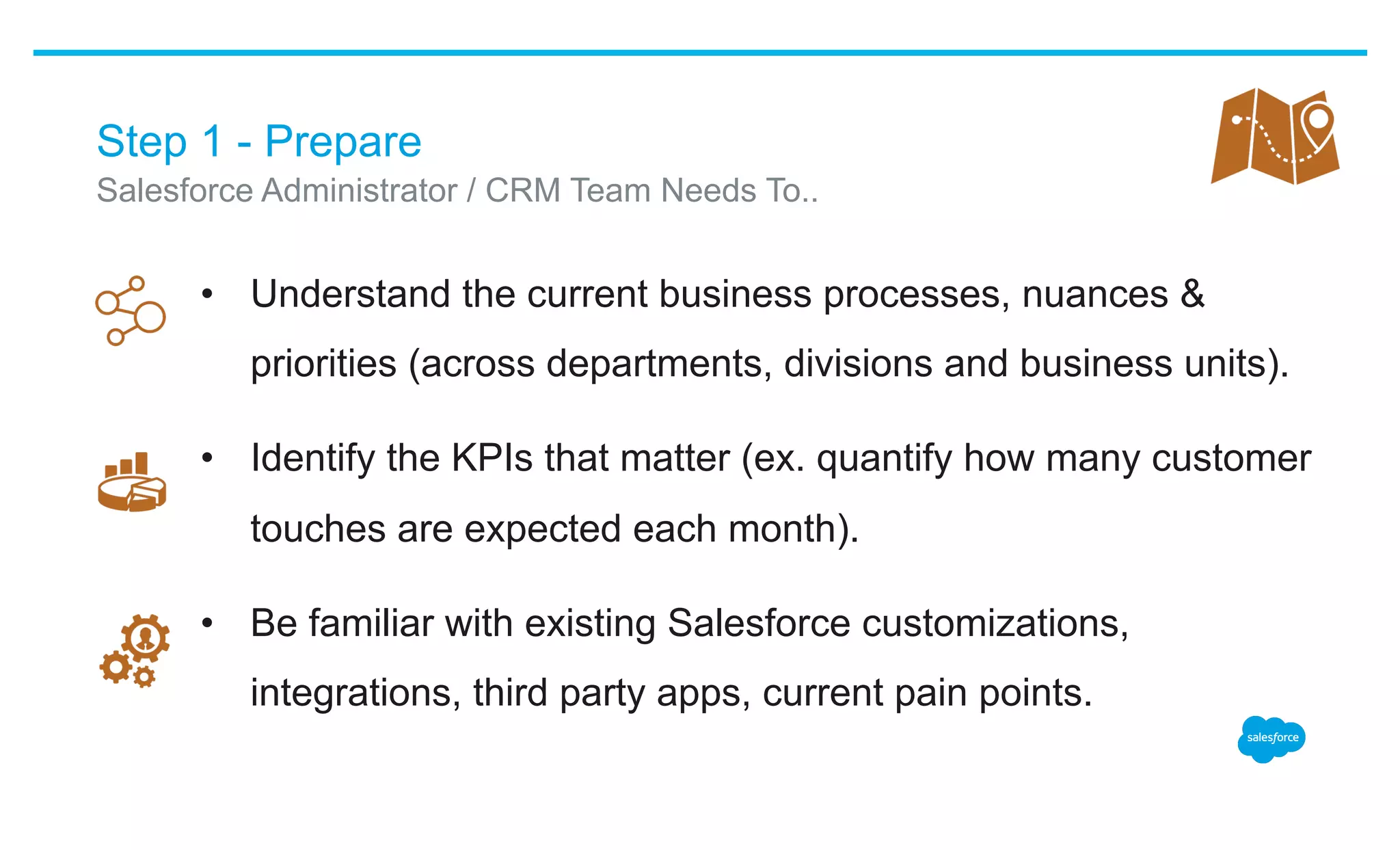 Step 1 - Prepare
•  Understand the current business processes, nuances &
priorities (across departments, divisions and business units).
•  Identify the KPIs that matter (ex. quantify how many customer
touches are expected each month).
•  Be familiar with existing Salesforce customizations,
integrations, third party apps, current pain points.
​ Salesforce Administrator / CRM Team Needs To..
 