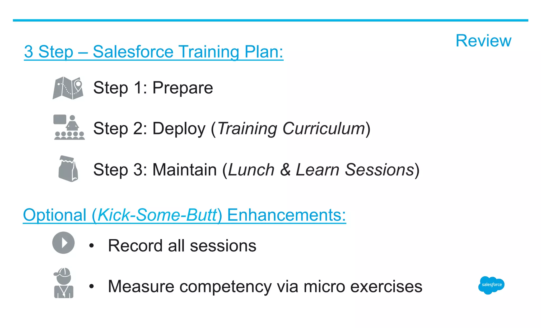 Step 1: Prepare
Step 2: Deploy (Training Curriculum)
Step 3: Maintain (Lunch & Learn Sessions)
Optional (Kick-Some-Butt) Enhancements:
3 Step – Salesforce Training Plan:
•  Record all sessions
•  Measure competency via micro exercises
Review
 