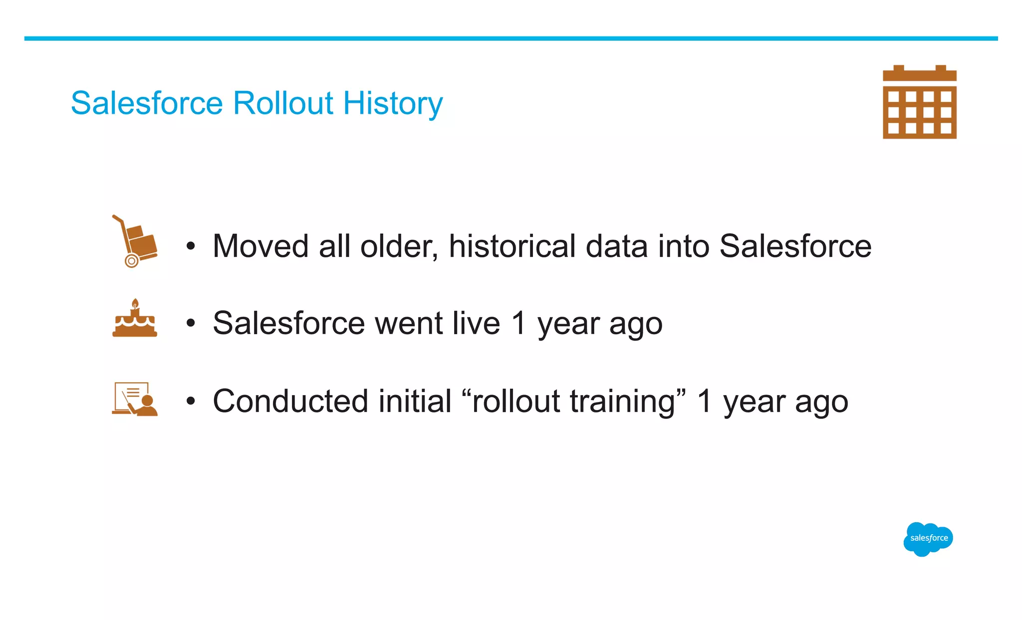 Salesforce Rollout History
•  Moved all older, historical data into Salesforce
•  Salesforce went live 1 year ago
•  Conducted initial “rollout training” 1 year ago
 