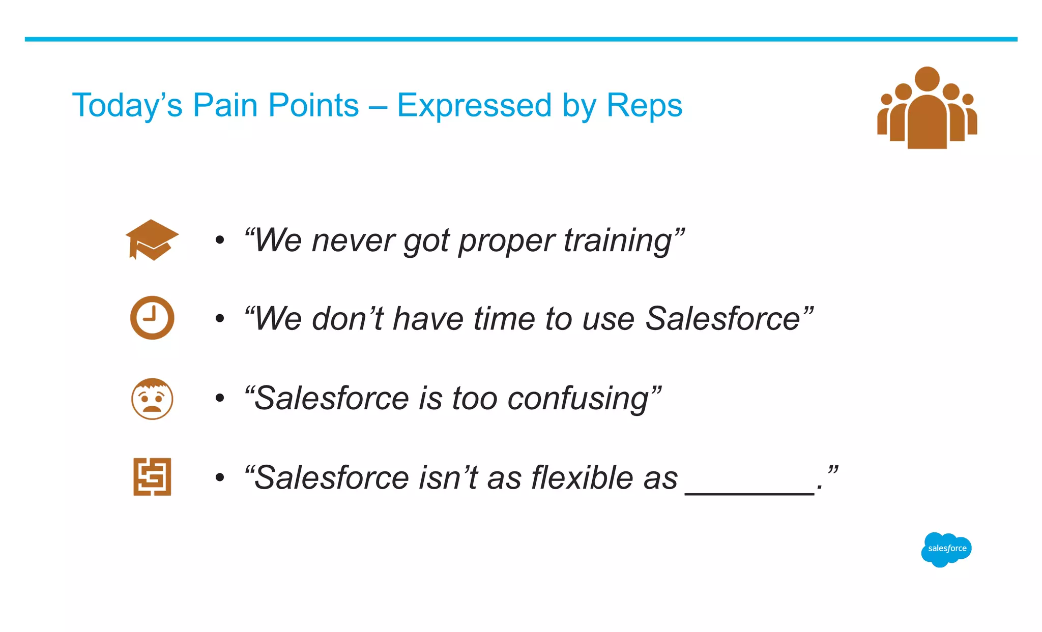 Today’s Pain Points – Expressed by Reps
•  “We never got proper training”
•  “We don’t have time to use Salesforce”
•  “Salesforce is too confusing”
•  “Salesforce isn’t as flexible as _______.”
 