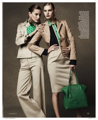 Elena, far left, wears cotton
                                     jacket, £535, cotton trousers,
                                        £235, and cotton polka-dot
                                         scarf, £85, all by Miu Miu.
                                     Gilded wood clip-on earrings,
                                     £170, by Monies, and wooden
                                    cuff with green agate, £112, by
                                            The Branch, both from
                                       Talisman Gallery at Harvey
                                  Nichols. Gold-plated brass ring,
                                  £350, by Aliki from Kabiri. Juju,
                                    near left, wears cotton jacket,
                                     £650, cotton shirt, £430, and
                                  cotton skirt, £250, all by Prada.
                                     Leather Twobag tote, £1,280,
                                      by Fendi. Gold-plated Safari
                                          earrings with Swarovski
                                         crystal, £282, by Erickson
                                           Beamon. Gold ring with
                                        chrysoprase and diamond,
                                   £1,300, by Dima from Talisman
                                         Gallery at Harvey Nichols.




            howtospendit.com                                  33

254_Fashion_cruise.PRESS.indd 3                                  15/12/2010 10:10
 