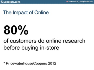 The Impact of Online
80%
of customers do online research
before buying in-store
* PricewaterhouseCoopers 2012
 