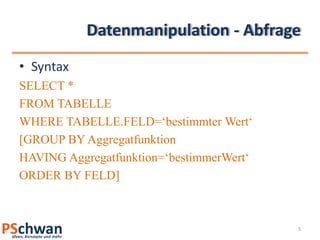 Datenmanipulation - AbfrageSyntaxSELECT *FROM TABELLEWHERE TABELLE.FELD=‘bestimmter Wert‘[GROUP BY AggregatfunktionHAVING Aggregatfunktion=‘bestimmerWert‘ORDER BY FELD]5