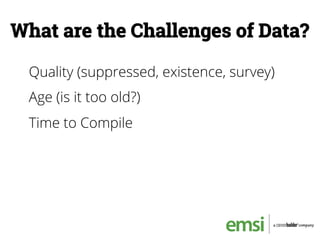 What are the Challenges of Data?
Quality (suppressed, existence, survey)
Age (is it too old?)
Time to Compile
 