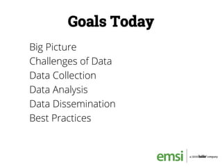 Goals Today
Big Picture
Challenges of Data
Data Collection
Data Analysis
Data Dissemination
Best Practices
 