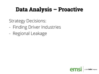 Data Analysis – Proactive
Strategy Decisions:
-  Finding Driver Industries
-  Regional Leakage
 