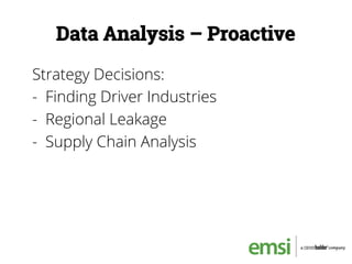 Data Analysis – Proactive
Strategy Decisions:
-  Finding Driver Industries
-  Regional Leakage
-  Supply Chain Analysis
 