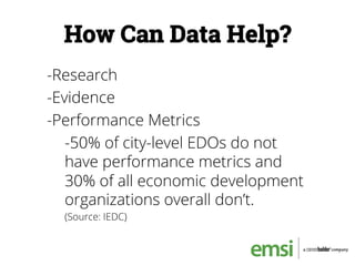 How Can Data Help?
-Research
-Evidence
-Performance Metrics
-50% of city-level EDOs do not
have performance metrics and
30% of all economic development
organizations overall don’t.
(Source: IEDC)
 