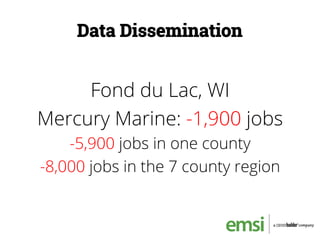 Fond du Lac, WI
Mercury Marine: -1,900 jobs
-5,900 jobs in one county
-8,000 jobs in the 7 county region
Data Dissemination
 