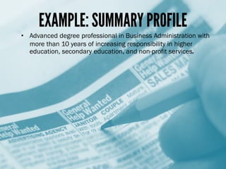 RESUME
STRUCTURE
OPEN WITH A JOB OBJECTIVE OR RESUME SUMMARY PROFILE
+ I prefer to use a short job
objective, “Seeking a p...