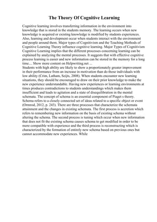 The Theory Of Cognitive Learning
Cognitive learning involves transferring information in the environment into
knowledge that is stored in the students memory. The learning occurs when new
knowledge is acquired or existing knowledge is modified by students experiences.
Also, learning and development occur when students interact with the environment
and people around them. Major types of Cognitivism and the Teaching Methods of
Cognitive Learning Theory influence cognitive learning. Major Types of Cognitivism
Cognitive Learning implies that the different processes concerning learning can be
explained by analyzing the mental processes. It suggests that with effective cognitive
process learning is easier and new information can be stored in the memory for a long
time.... Show more content on Helpwriting.net ...
Students with high ability are likely to show a proportionately greater improvement
in their performance from an increase in motivation than do those individuals with
low ability (Crim, Latham, Seijts, 2008). When students encounter new learning
situations, they should be encouraged to draw on their prior knowledge to make the
new experience understandable. Having new experiences or learning environments at
times produces contradictions to students understandings which makes them
insufficient and leads to agitation and a state of disequilibration in the mental
schemata. The concept of schema is an essential component of Piaget s theory.
Schema refers to a closely connected set of ideas related to a specific object or event
(Ormrod, 2012, p. 243). There are three processes that characterize the schemata
attainment and the changes in existing schemata. The first process is accretion which
refers to remembering new information on the basis of existing schema without
altering the schema. The second process is tuning which occur when new information
that does not fit the existing schema causes schema to get modified in order to be
more compatible with experience and the third process is reconstructing which is
characterized by the formation of entirely new schema based on previous ones but
cannot accommodate new experiences. While
 