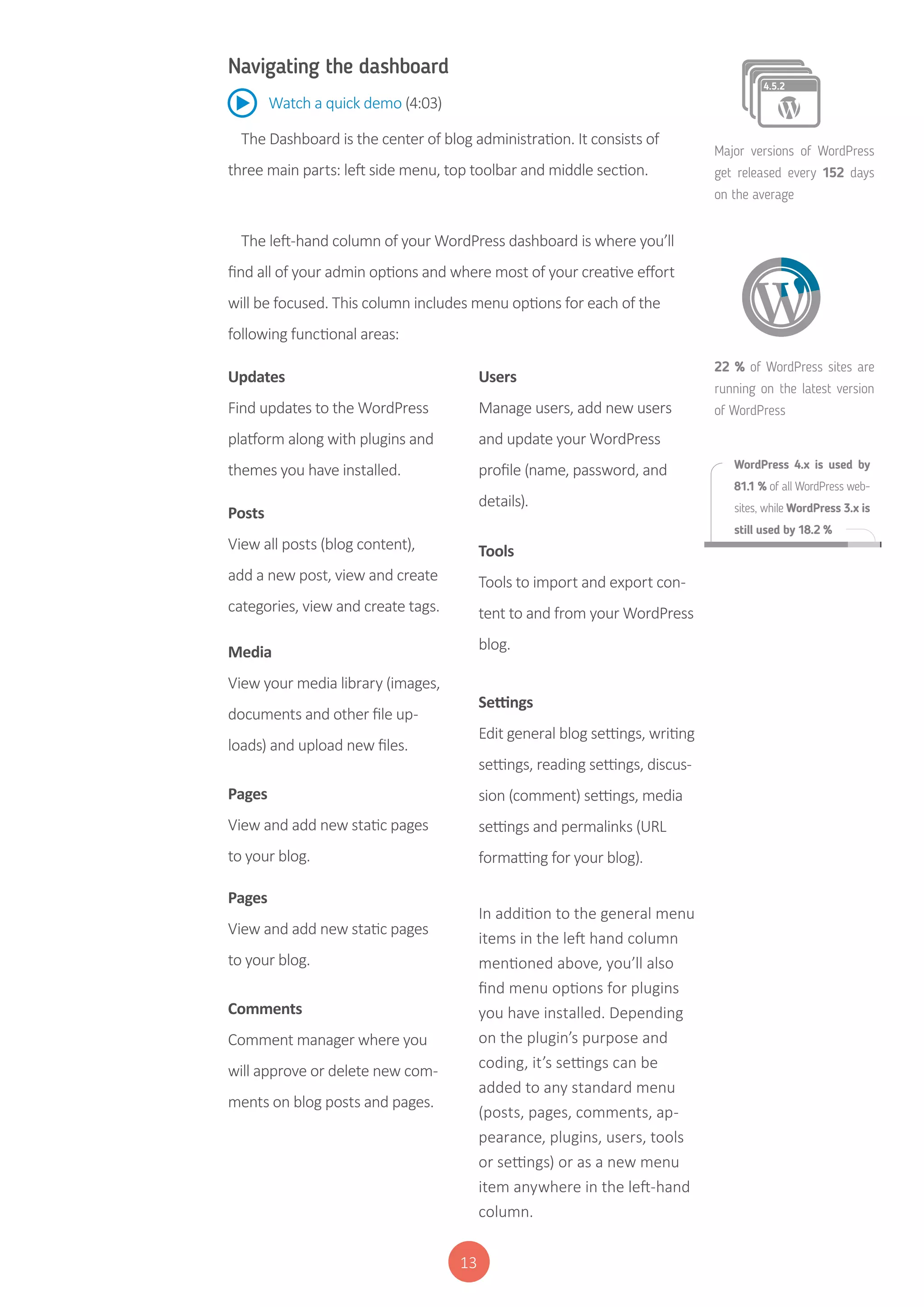 13
Navigating the dashboard
The Dashboard is the center of blog administration. It consists of
three main parts: left side menu, top toolbar and middle section.
The left-hand column of your WordPress dashboard is where you’ll
find all of your admin options and where most of your creative effort
will be focused. This column includes menu options for each of the
following functional areas:
Updates
Find updates to the WordPress
platform along with plugins and
themes you have installed.
Posts
View all posts (blog content),
add a new post, view and create
categories, view and create tags.
Media
View your media library (images,
documents and other file up-
loads) and upload new files.
Pages
View and add new static pages
to your blog.
Pages
View and add new static pages
to your blog.
Comments
Comment manager where you
will approve or delete new com-
ments on blog posts and pages.
Users
Manage users, add new users
and update your WordPress
profile (name, password, and
details).
Tools
Tools to import and export con-
tent to and from your WordPress
blog.
Settings
Edit general blog settings, writing
settings, reading settings, discus-
sion (comment) settings, media
settings and permalinks (URL
formatting for your blog).
In addition to the general menu
items in the left hand column
mentioned above, you’ll also
find menu options for plugins
you have installed. Depending
on the plugin’s purpose and
coding, it’s settings can be
added to any standard menu
(posts, pages, comments, ap-
pearance, plugins, users, tools
or settings) or as a new menu
item anywhere in the left-hand
column.
Major versions of WordPress
get released every 152 days
on the average
22 % of WordPress sites are
running on the latest version
of WordPress
WordPress 4.x is used by
81.1 % of all WordPress web-
sites, while WordPress 3.x is
still used by 18.2 %
Watch a quick demo (4:03)
 