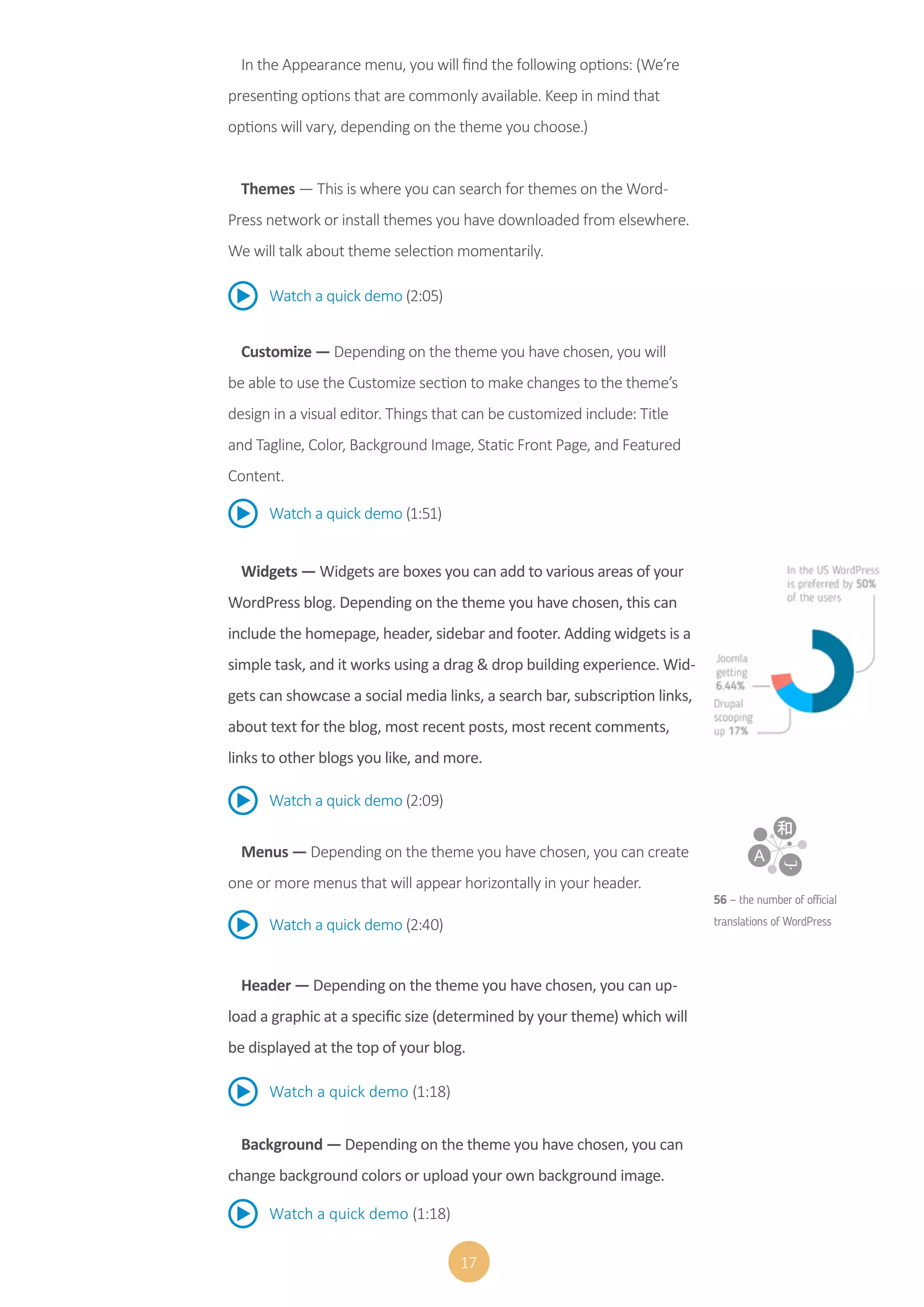 17
Watch a quick demo (2:05)
Watch a quick demo (1:51)
Watch a quick demo (2:09)
Watch a quick demo (2:40)
Watch a quick demo (1:18)
Watch a quick demo (1:18)
In the Appearance menu, you will find the following options: (We’re
presenting options that are commonly available. Keep in mind that
options will vary, depending on the theme you choose.)
Themes — This is where you can search for themes on the Word-
Press network or install themes you have downloaded from elsewhere.
We will talk about theme selection momentarily.
Customize — Depending on the theme you have chosen, you will
be able to use the Customize section to make changes to the theme’s
design in a visual editor. Things that can be customized include: Title
and Tagline, Color, Background Image, Static Front Page, and Featured
Content.
Widgets — Widgets are boxes you can add to various areas of your
WordPress blog. Depending on the theme you have chosen, this can
include the homepage, header, sidebar and footer. Adding widgets is a
simple task, and it works using a drag & drop building experience. Wid-
gets can showcase a social media links, a search bar, subscription links,
about text for the blog, most recent posts, most recent comments,
links to other blogs you like, and more.
Menus — Depending on the theme you have chosen, you can create
one or more menus that will appear horizontally in your header.
Header — Depending on the theme you have chosen, you can up-
load a graphic at a specific size (determined by your theme) which will
be displayed at the top of your blog.
Background — Depending on the theme you have chosen, you can
change background colors or upload your own background image.
和
A
56 — the number of official
translations of WordPress
 
