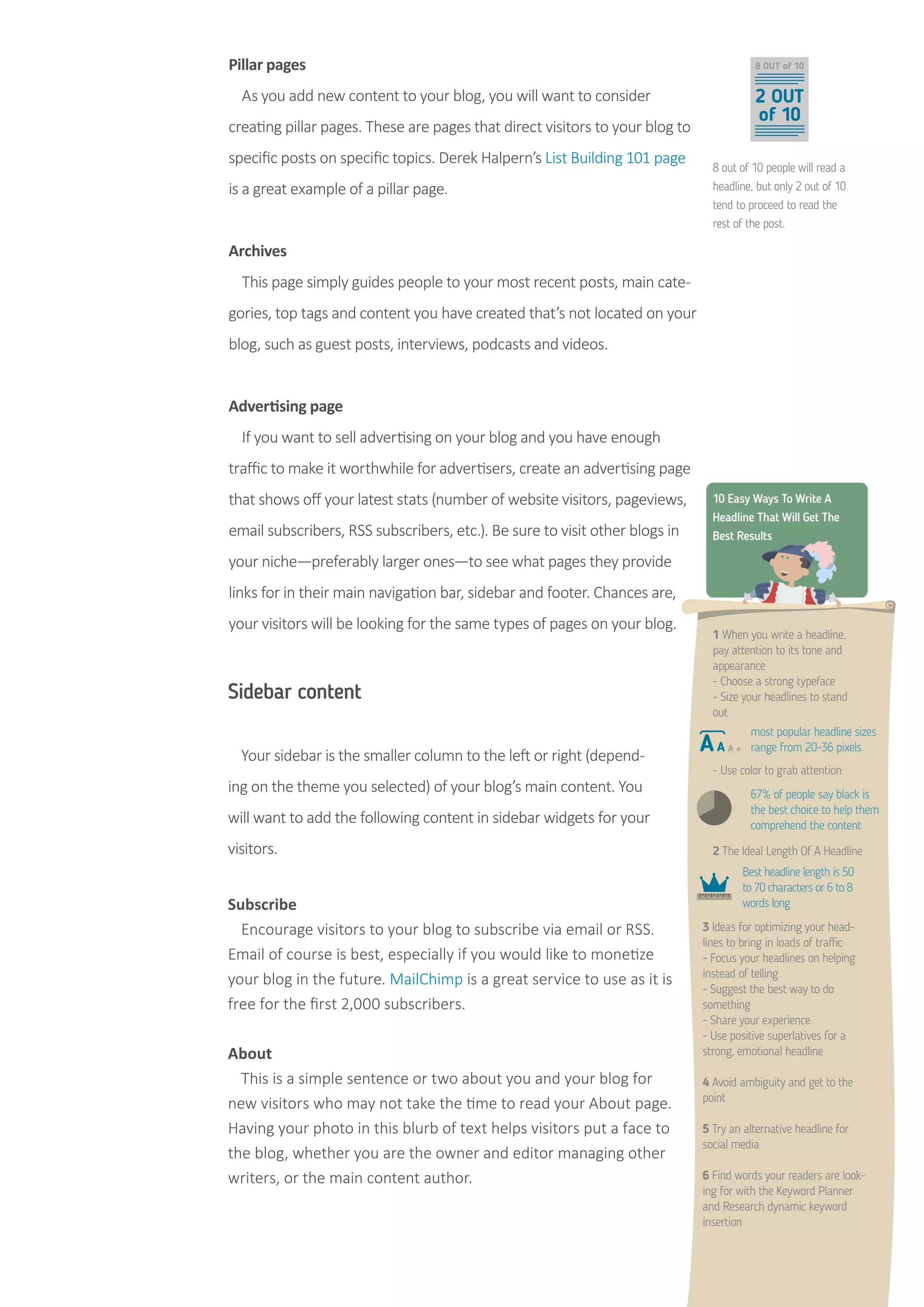 Pillar pages
As you add new content to your blog, you will want to consider
creating pillar pages. These are pages that direct visitors to your blog to
specific posts on specific topics. Derek Halpern’s List Building 101 page
is a great example of a pillar page.
Archives
This page simply guides people to your most recent posts, main cate-
gories, top tags and content you have created that’s not located on your
blog, such as guest posts, interviews, podcasts and videos.
Advertising page
If you want to sell advertising on your blog and you have enough
traffic to make it worthwhile for advertisers, create an advertising page
that shows off your latest stats (number of website visitors, pageviews,
email subscribers, RSS subscribers, etc.). Be sure to visit other blogs in
your niche—preferably larger ones—to see what pages they provide
links for in their main navigation bar, sidebar and footer. Chances are,
your visitors will be looking for the same types of pages on your blog.
Sidebar content
Your sidebar is the smaller column to the left or right (depend-
ing on the theme you selected) of your blog’s main content. You
will want to add the following content in sidebar widgets for your
visitors.
Subscribe
Encourage visitors to your blog to subscribe via email or RSS.
Email of course is best, especially if you would like to monetize
your blog in the future. MailChimp is a great service to use as it is
free for the first 2,000 subscribers.
About
This is a simple sentence or two about you and your blog for
new visitors who may not take the time to read your About page.
Having your photo in this blurb of text helps visitors put a face to
the blog, whether you are the owner and editor managing other
writers, or the main content author.
8 out of 10 people will read a
headline, but only 2 out of 10
tend to proceed to read the
rest of the post.
8 OUT of 10
2 OUT
of 10
10 Easy Ways To Write A
Headline That Will Get The
Best Results
1 When you write a headline,
pay attention to its tone and
appearance
- Choose a strong typeface
- Size your headlines to stand
out
3 Ideas for optimizing your head-
lines to bring in loads of traffic
- Focus your headlines on helping
instead of telling
- Suggest the best way to do
something
- Share your experience
- Use positive superlatives for a
strong, emotional headline
4 Avoid ambiguity and get to the
point
5 Try an alternative headline for
social media
6 Find words your readers are look-
ing for with the Keyword Planner
and Research dynamic keyword
insertion
2 The Ideal Length Of A Headline
- Use color to grab attention
most popular headline sizes
range from 20–36 pixels
67% of people say black is
the best choice to help them
comprehend the content
Best headline length is 50
to 70 characters or 6 to 8
words long
A AAA
 