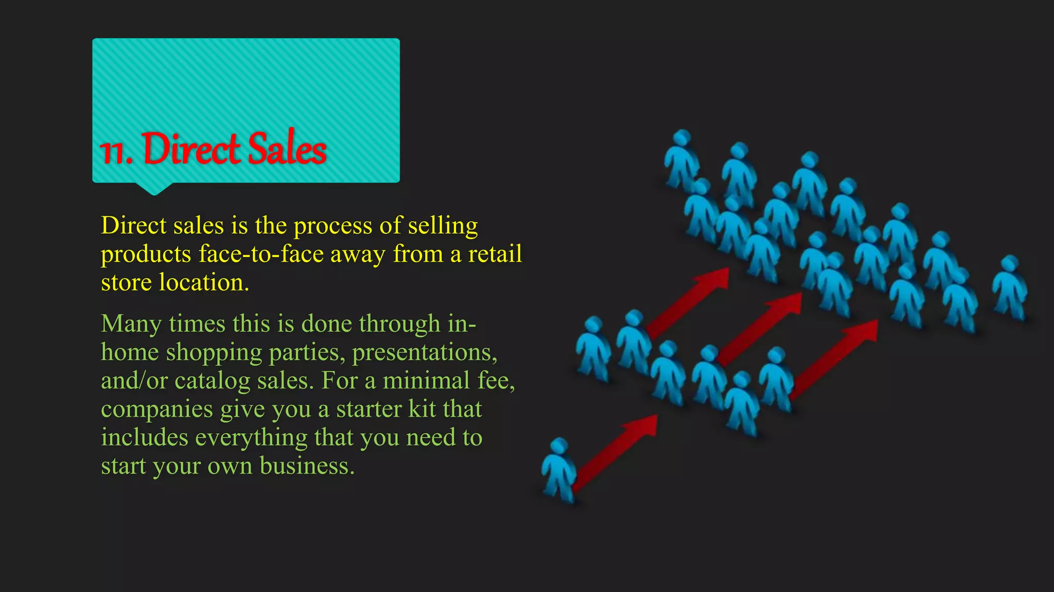 11. Direct Sales
Direct sales is the process of selling
products face-to-face away from a retail
store location.
Many times this is done through in-
home shopping parties, presentations,
and/or catalog sales. For a minimal fee,
companies give you a starter kit that
includes everything that you need to
start your own business.
 