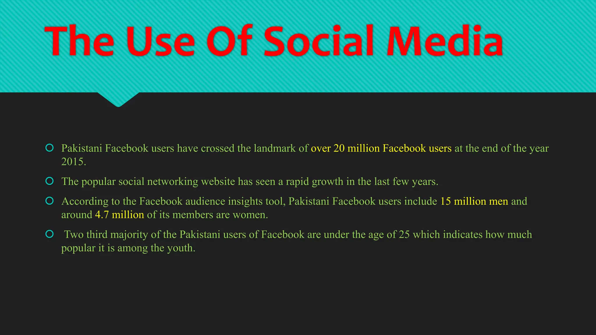 The Use Of Social Media
 Pakistani Facebook users have crossed the landmark of over 20 million Facebook users at the end of the year
2015.
 The popular social networking website has seen a rapid growth in the last few years.
 According to the Facebook audience insights tool, Pakistani Facebook users include 15 million men and
around 4.7 million of its members are women.
 Two third majority of the Pakistani users of Facebook are under the age of 25 which indicates how much
popular it is among the youth.
 