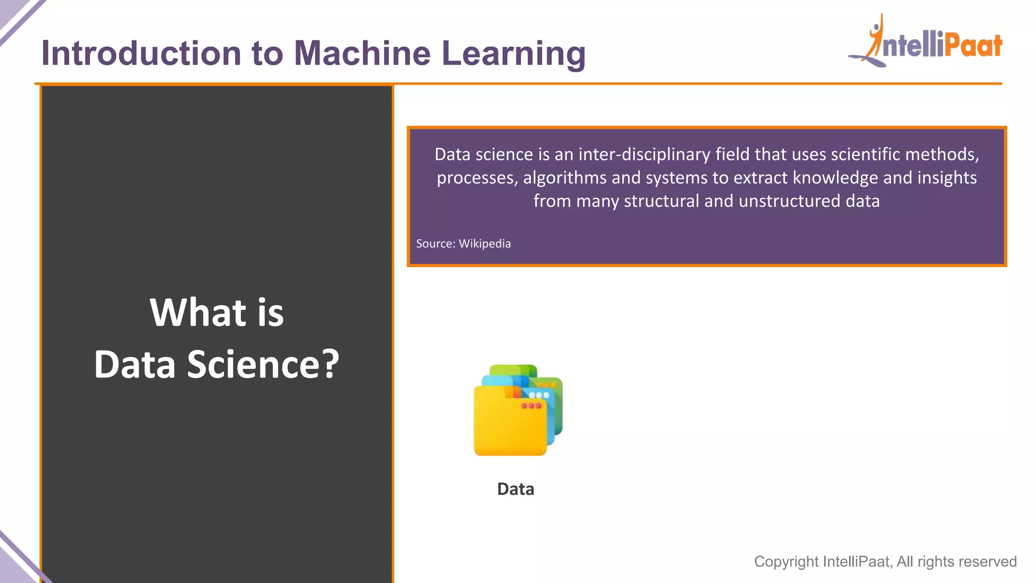 Copyright IntelliPaat, All rights reserved
Introduction to Machine Learning
What is
Data Science?
Data science is an inter-disciplinary field that uses scientific methods,
processes, algorithms and systems to extract knowledge and insights
from many structural and unstructured data
Source: Wikipedia
Data
 
